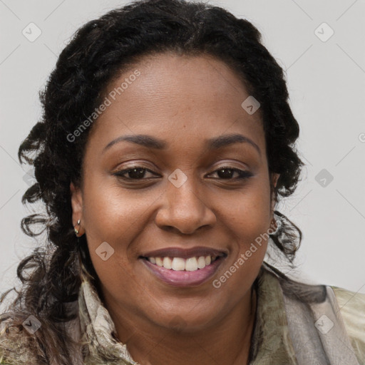 Joyful black young-adult female with long  brown hair and brown eyes