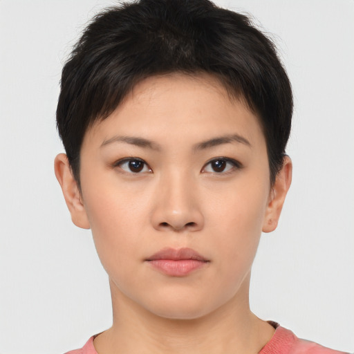 Neutral asian young-adult female with short  brown hair and brown eyes