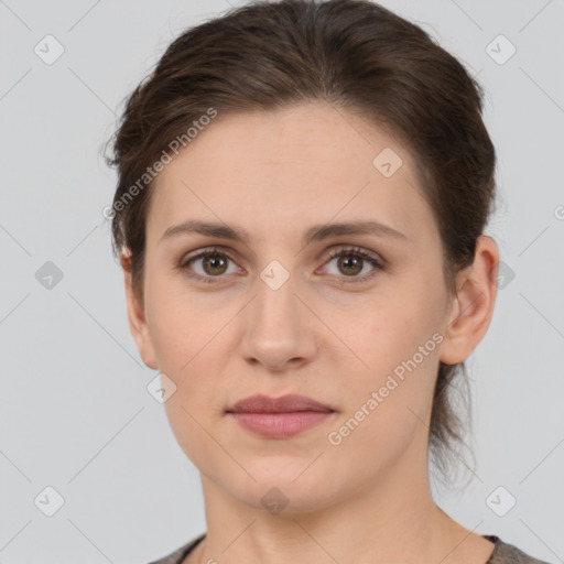 Neutral white young-adult female with short  brown hair and brown eyes