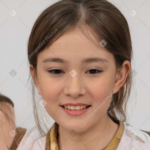 Joyful white child female with medium  brown hair and brown eyes