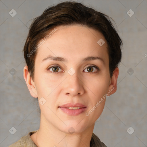 Neutral white young-adult female with short  brown hair and brown eyes