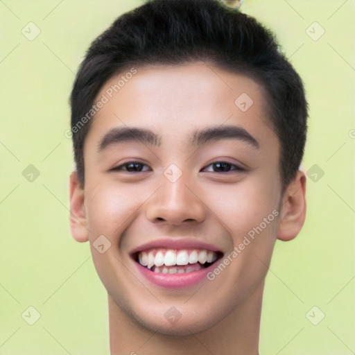 Joyful white young-adult male with short  black hair and brown eyes