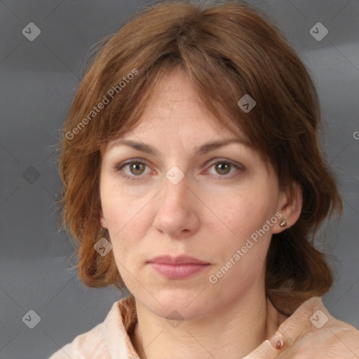 Neutral white adult female with medium  brown hair and brown eyes