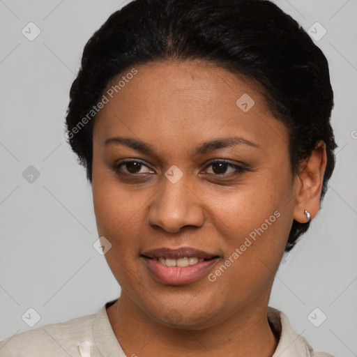 Joyful latino young-adult female with short  black hair and brown eyes