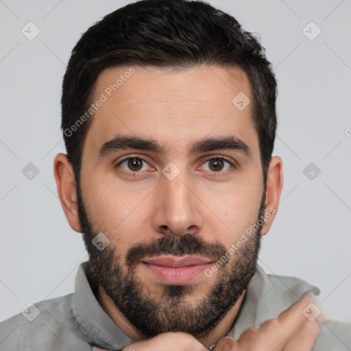 Neutral white young-adult male with short  brown hair and brown eyes