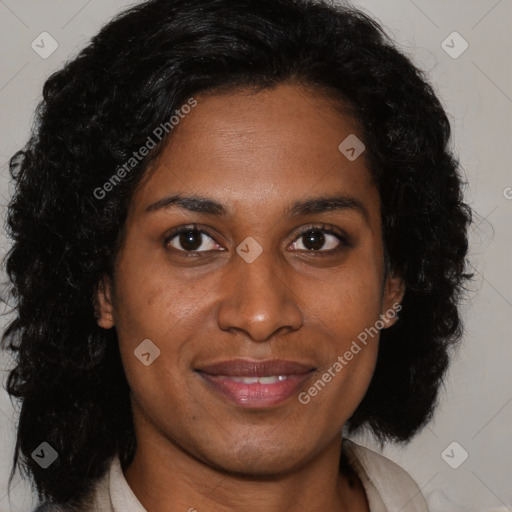 Joyful black young-adult female with medium  brown hair and brown eyes