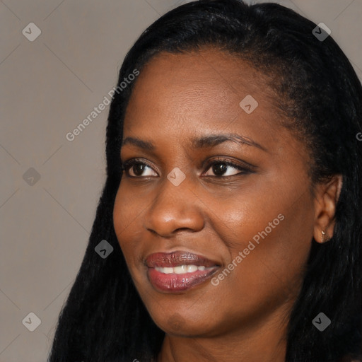 Joyful black young-adult female with long  black hair and brown eyes