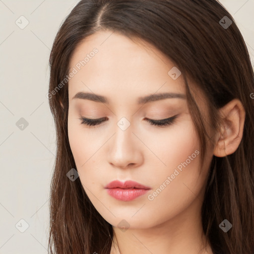 Neutral white young-adult female with long  brown hair and brown eyes