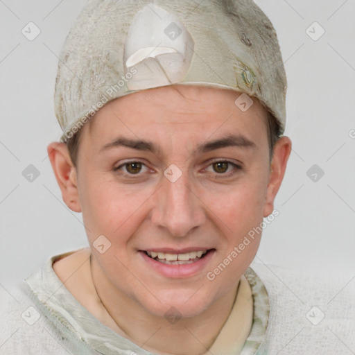 Joyful white young-adult female with short  brown hair and blue eyes