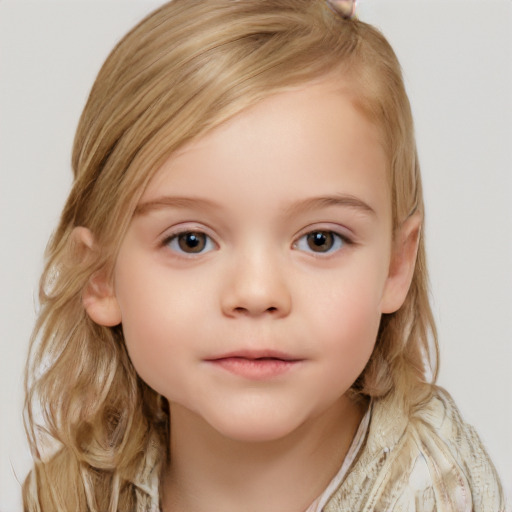 Neutral white child female with medium  brown hair and blue eyes