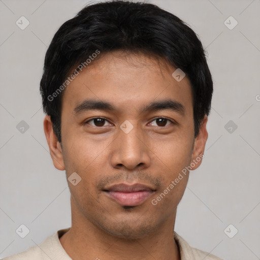 Neutral asian young-adult male with short  black hair and brown eyes