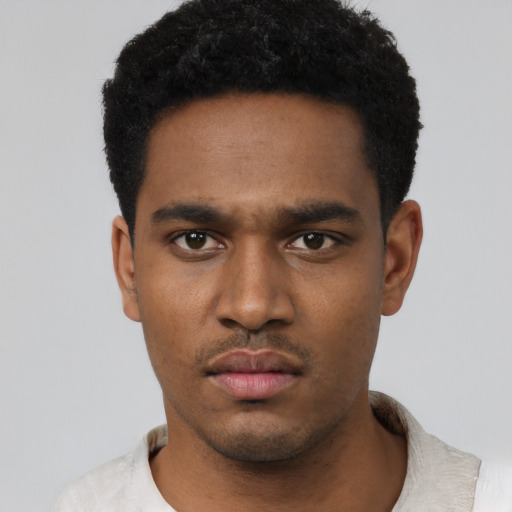 Neutral black young-adult male with short  black hair and brown eyes