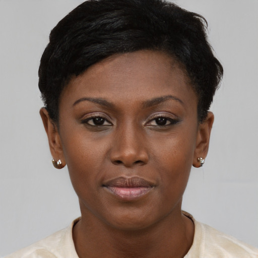 Neutral black young-adult female with short  brown hair and brown eyes
