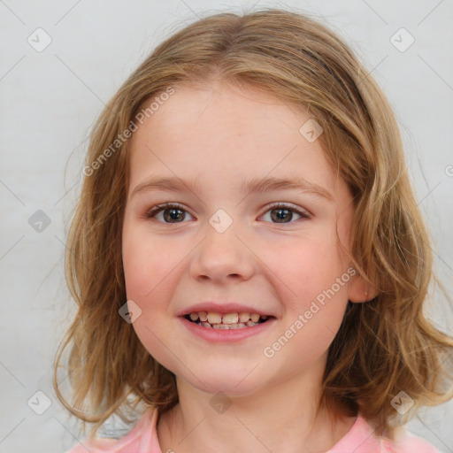 Joyful white child female with medium  brown hair and brown eyes