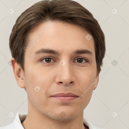 Neutral white young-adult male with short  brown hair and brown eyes