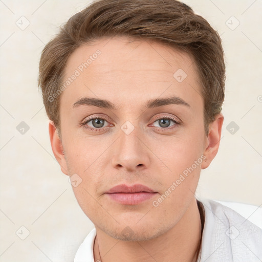 Neutral white young-adult male with short  brown hair and brown eyes