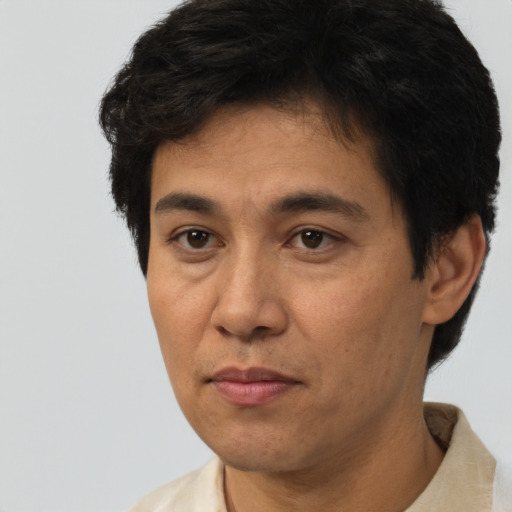 Neutral asian adult male with short  brown hair and brown eyes