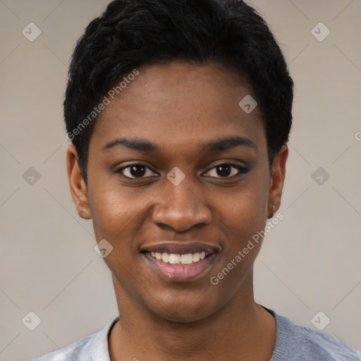 Joyful black young-adult female with short  black hair and brown eyes