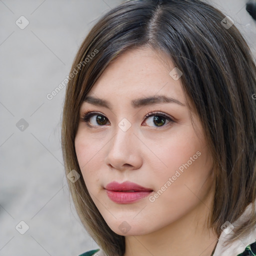 Neutral white young-adult female with medium  brown hair and brown eyes