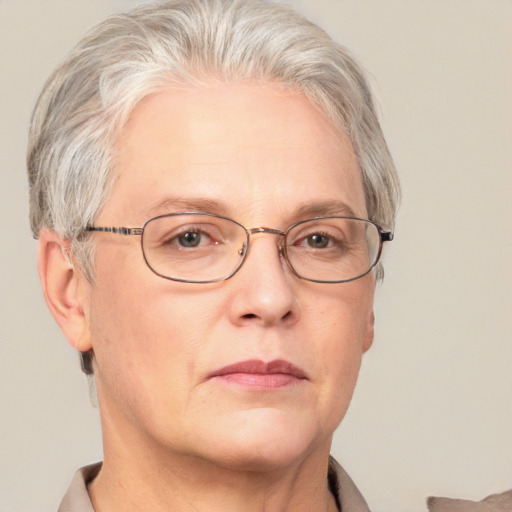 Neutral white middle-aged female with short  gray hair and brown eyes