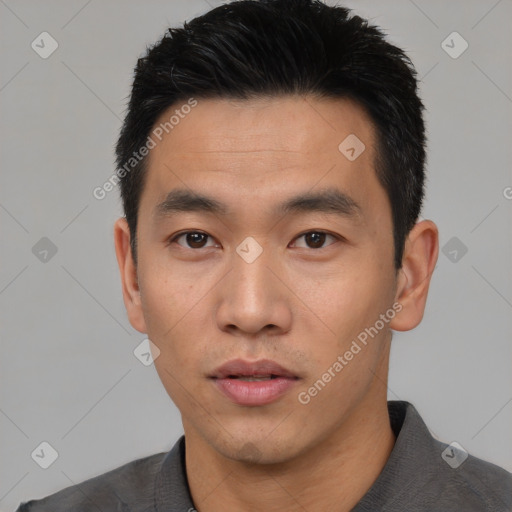 Neutral asian young-adult male with short  black hair and brown eyes