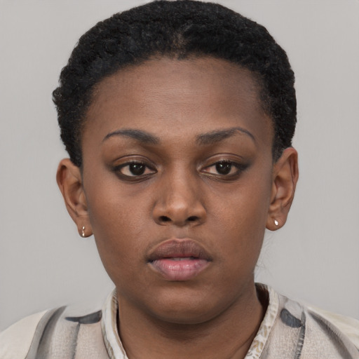 Neutral black young-adult female with short  brown hair and brown eyes