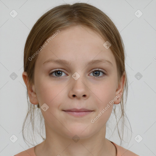 Joyful white child female with medium  brown hair and brown eyes