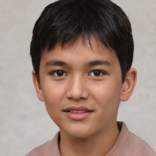 Joyful asian child male with short  brown hair and brown eyes
