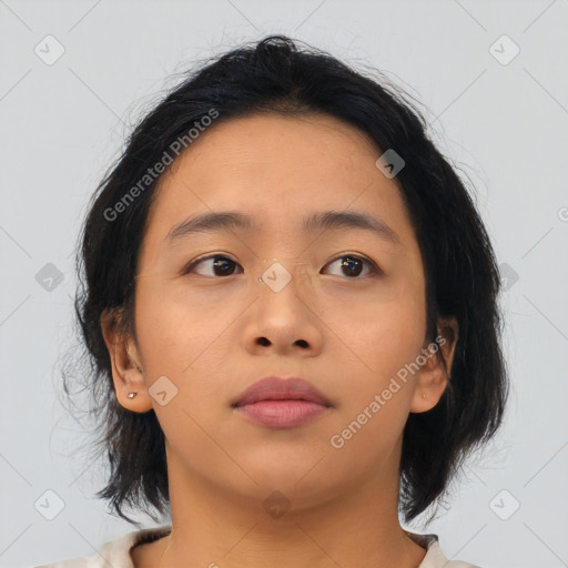 Neutral asian young-adult female with medium  brown hair and brown eyes