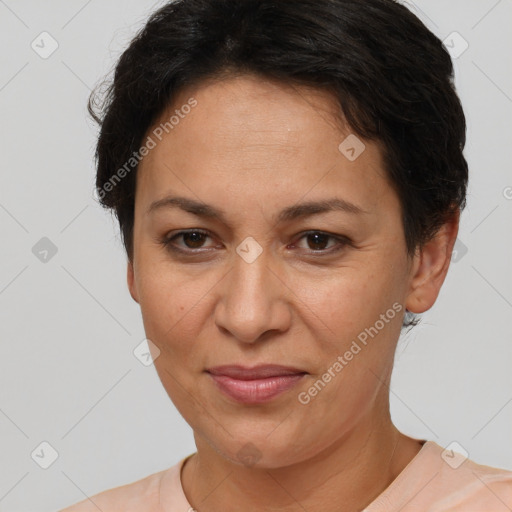 Joyful white adult female with short  brown hair and brown eyes