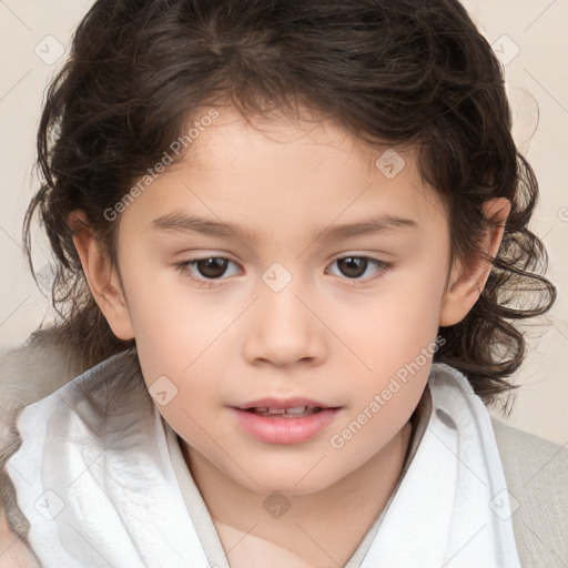 Joyful white child female with medium  brown hair and brown eyes