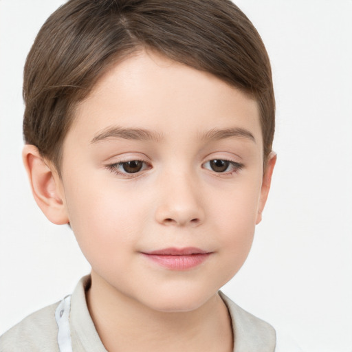 Joyful white child female with short  brown hair and brown eyes