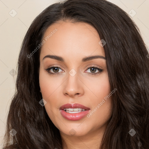 Joyful white young-adult female with long  black hair and brown eyes