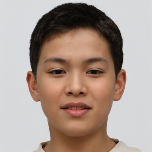 Joyful asian child male with short  brown hair and brown eyes