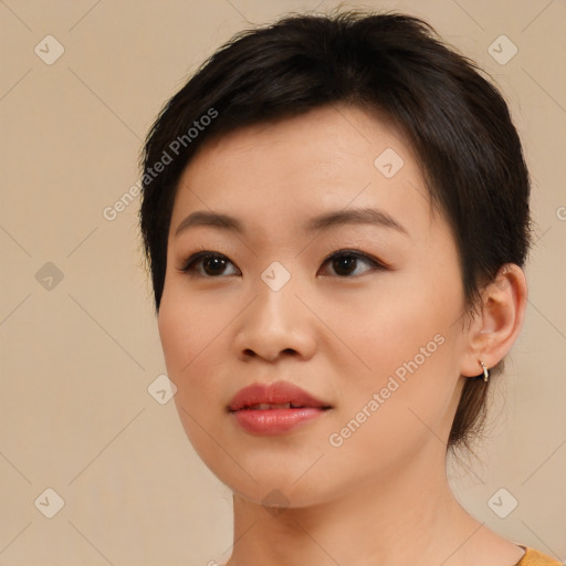 Neutral asian young-adult female with medium  brown hair and brown eyes