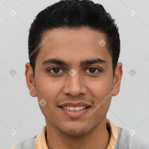 Joyful latino young-adult male with short  brown hair and brown eyes