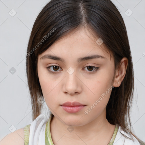 Neutral white young-adult female with medium  brown hair and brown eyes