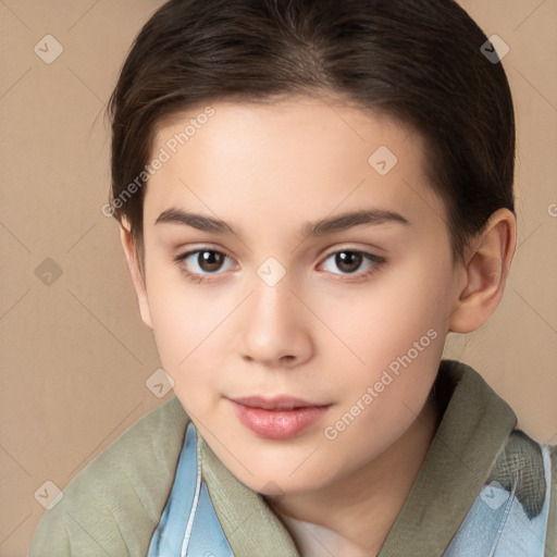 Neutral white young-adult female with short  brown hair and brown eyes