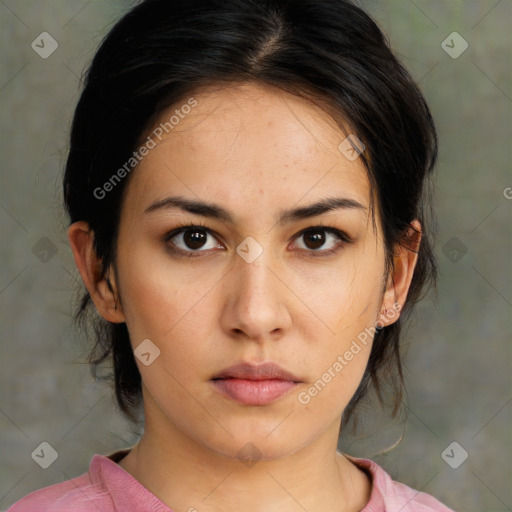 Neutral asian young-adult female with medium  brown hair and brown eyes