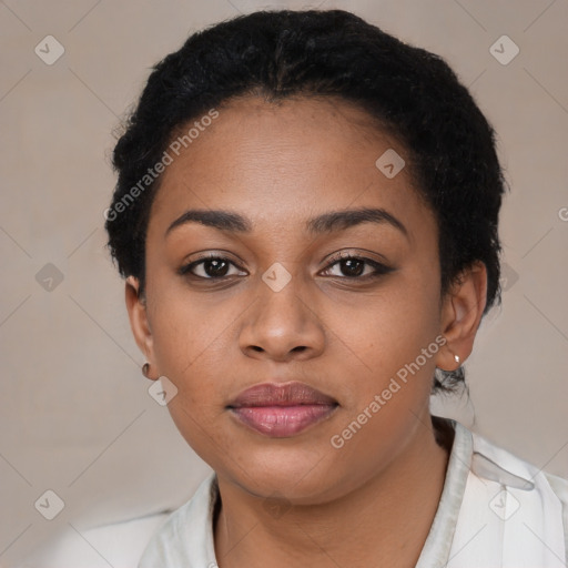 Neutral black young-adult female with short  black hair and brown eyes