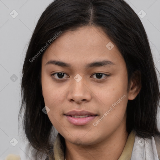 Joyful asian young-adult female with long  brown hair and brown eyes