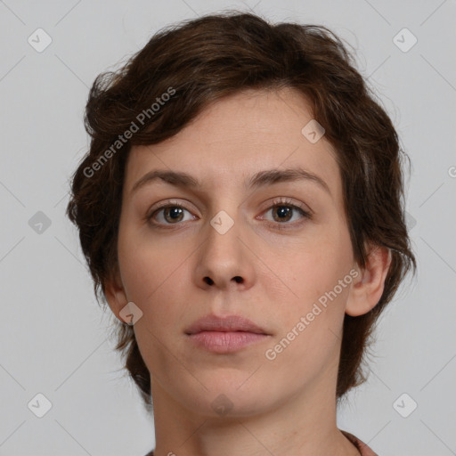 Neutral white young-adult female with medium  brown hair and brown eyes