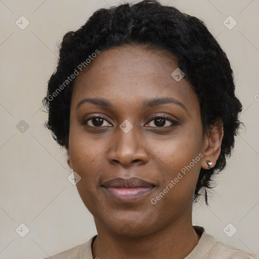 Neutral black young-adult female with short  black hair and brown eyes