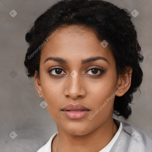 Neutral latino young-adult female with short  black hair and brown eyes