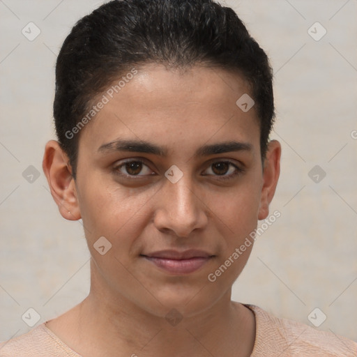 Joyful white young-adult female with short  brown hair and brown eyes