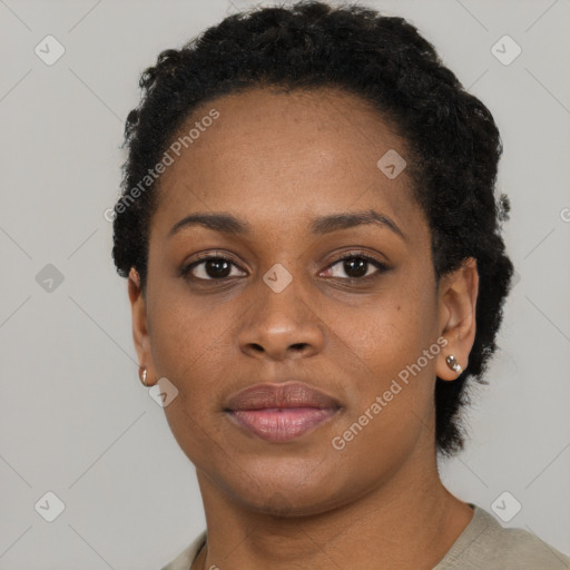 Neutral black young-adult female with short  black hair and brown eyes