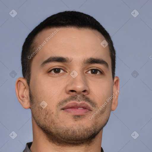 Neutral white young-adult male with short  brown hair and brown eyes
