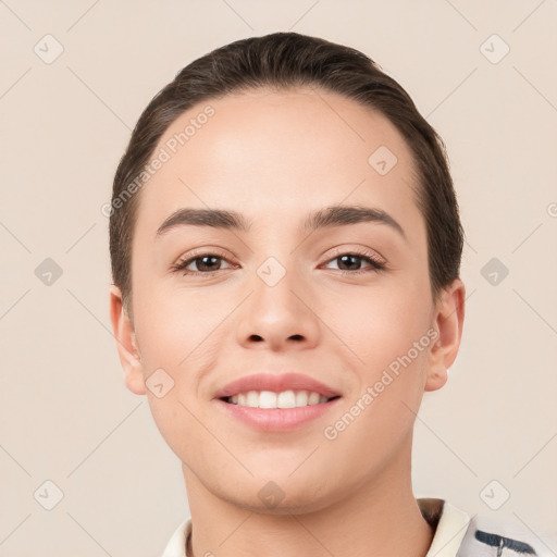 Joyful white young-adult female with short  brown hair and brown eyes