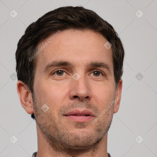 Neutral white adult male with short  brown hair and brown eyes