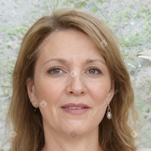 Joyful white adult female with medium  brown hair and grey eyes